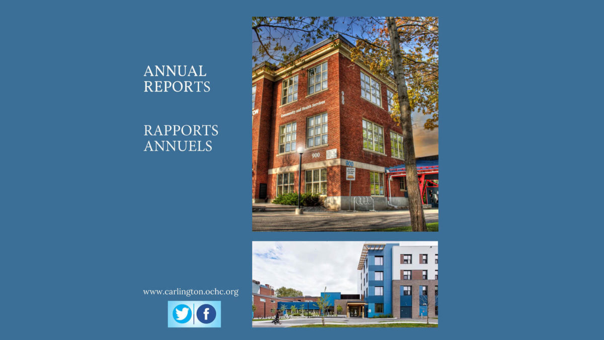 Page de couverture d’un rapport annuel avec photo du bâtiment principal du Centre