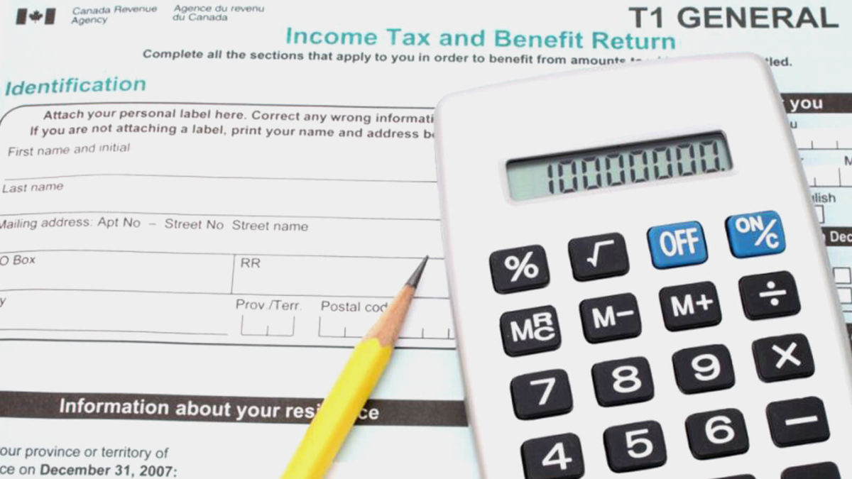 Calculator, pencil and tax return form